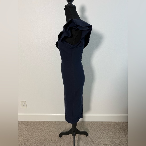 Chic Navy One-Shoulder Dress with Gold Zipper - Picture 4 of 5